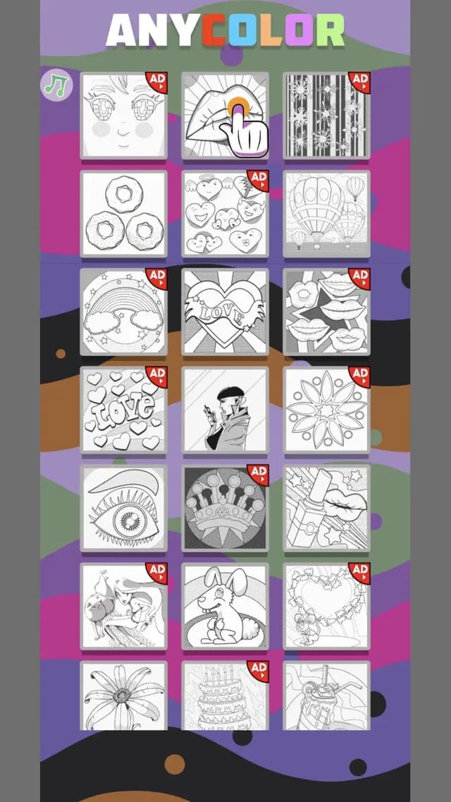 Any Color coloring book gallery showing a grid of black-and-white drawings with some red AD labels