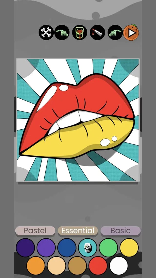 Any Color editor showing red and yellow lips against a teal striped background with color palettes below