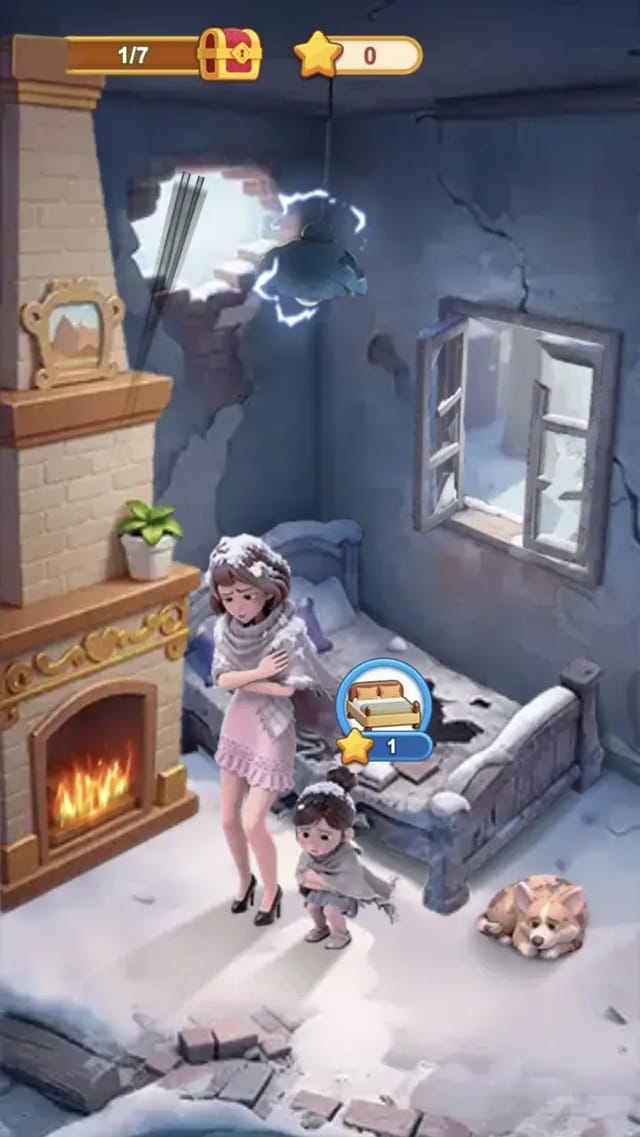 Arrows Escape Story build mode showing the fireplace repaired at 1 of 7 tasks with a sofa task costing one star