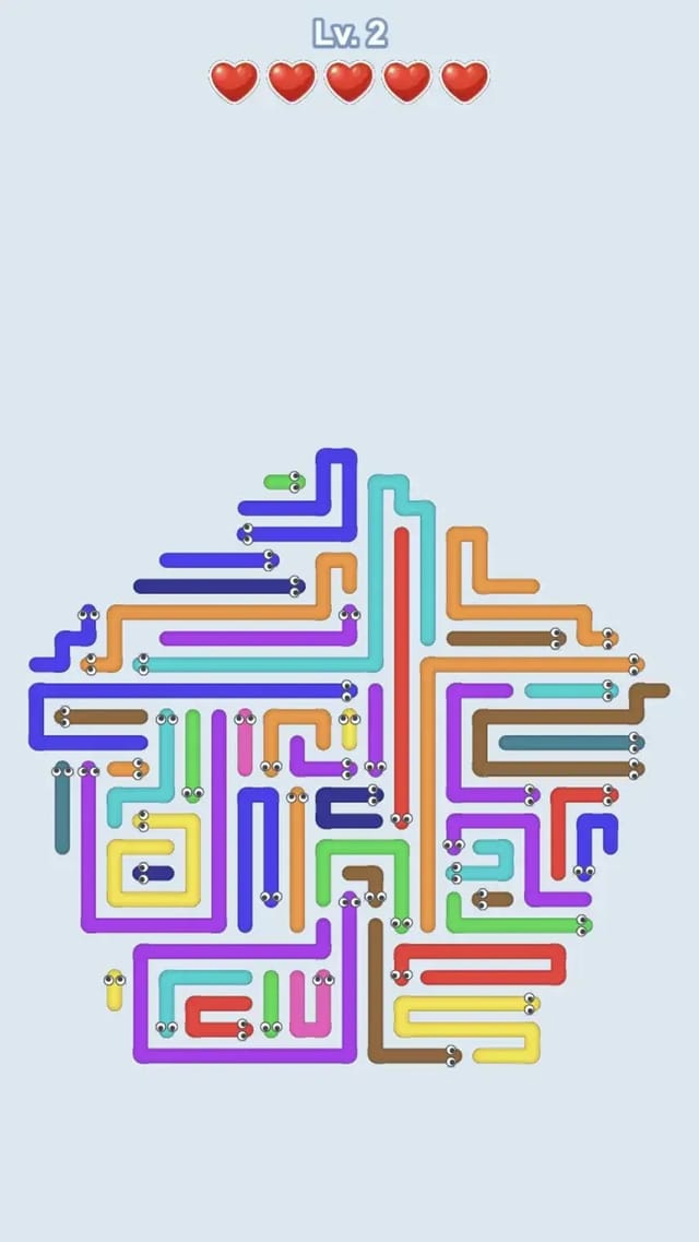 Arrows Escape Story level 2 board filled with a tangle of colored bent arrows below a five-heart meter