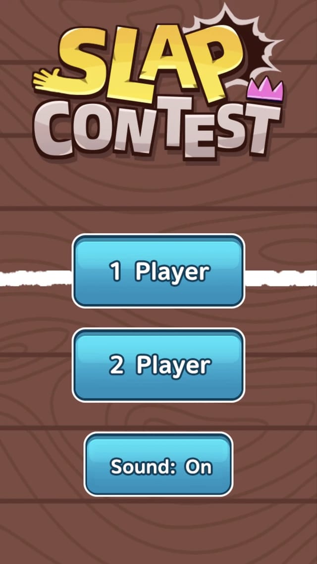 Slap Contest home screen showing the yellow and white game logo on a wooden table above three blue buttons reading 1 Player, 2 Player and Sound: On