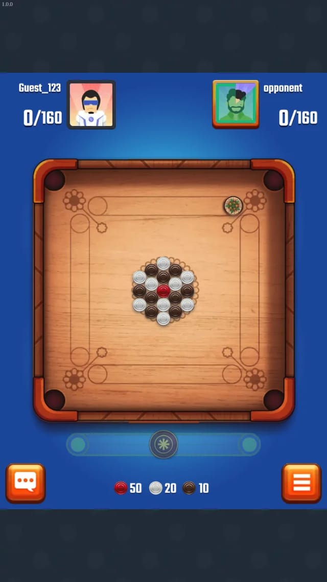 Carrom Pool Disc freestyle match opening with the full rack and red queen at the centre
