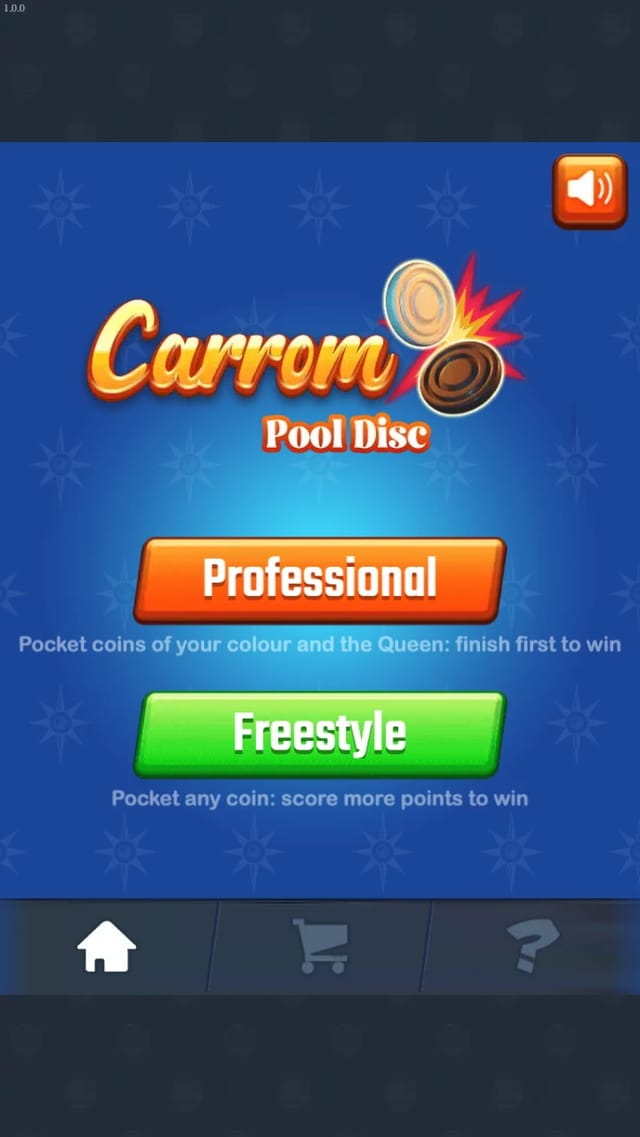 Carrom Pool Disc home screen offering Professional and Freestyle modes