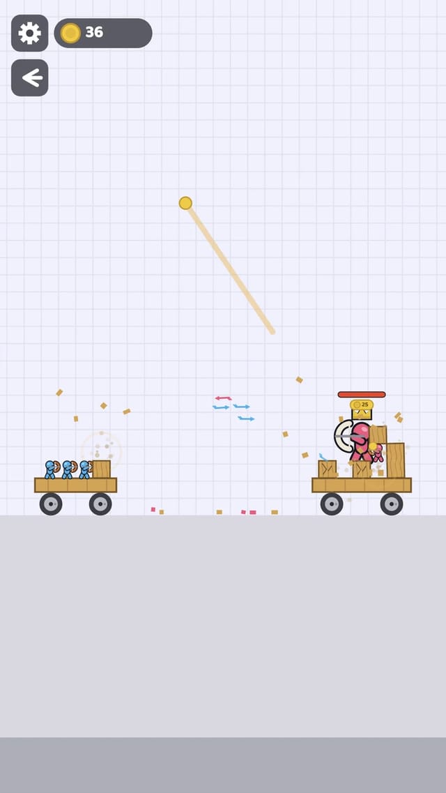 Castle Siege Clash battle in progress: archers on the player cart firing arcing projectiles while the enemy castle on the right breaks apart and sheds debris