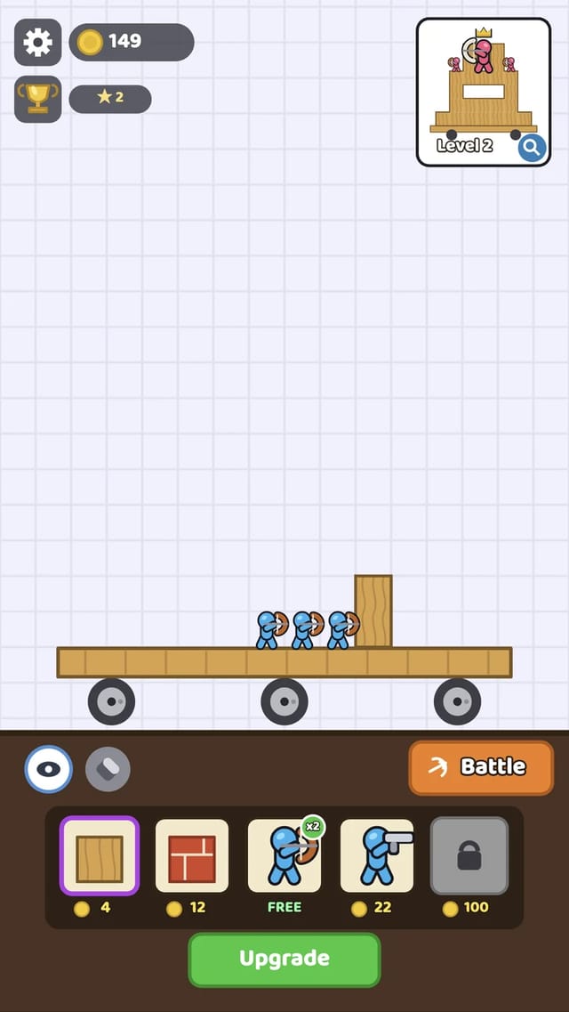 Castle Siege Clash build phase on level 2: three archers and a wooden wall on the cart grid above the parts tray with prices, the BATTLE and UPGRADE buttons and 149 coins