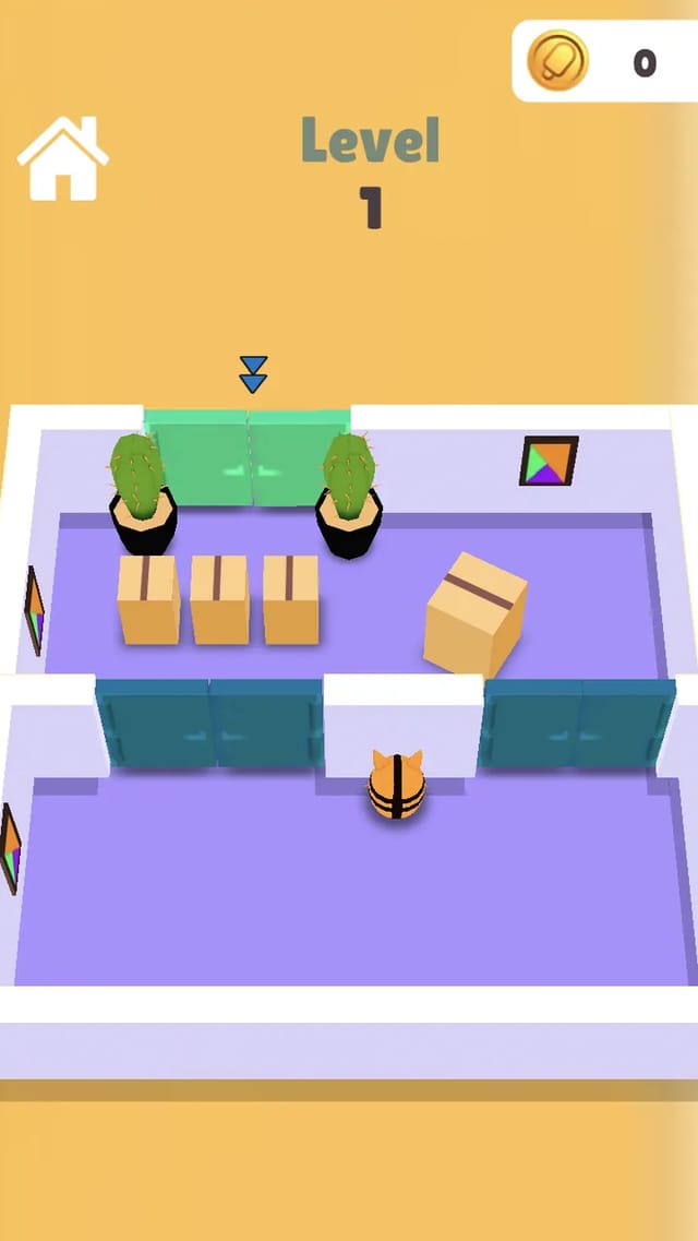 Cat Escape level 1 with the orange cat crouched behind a sofa between potted cacti and cardboard boxes, a patrol marker above the room and the coin counter at the top