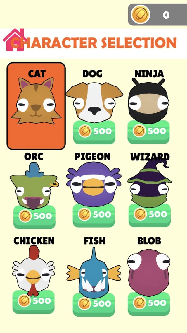 Cat Escape character selection screen showing nine unlockable skins - Cat, Dog, Ninja, Orc, Pigeon, Wizard, Chicken, Fish and Blob - each priced at 500 coins