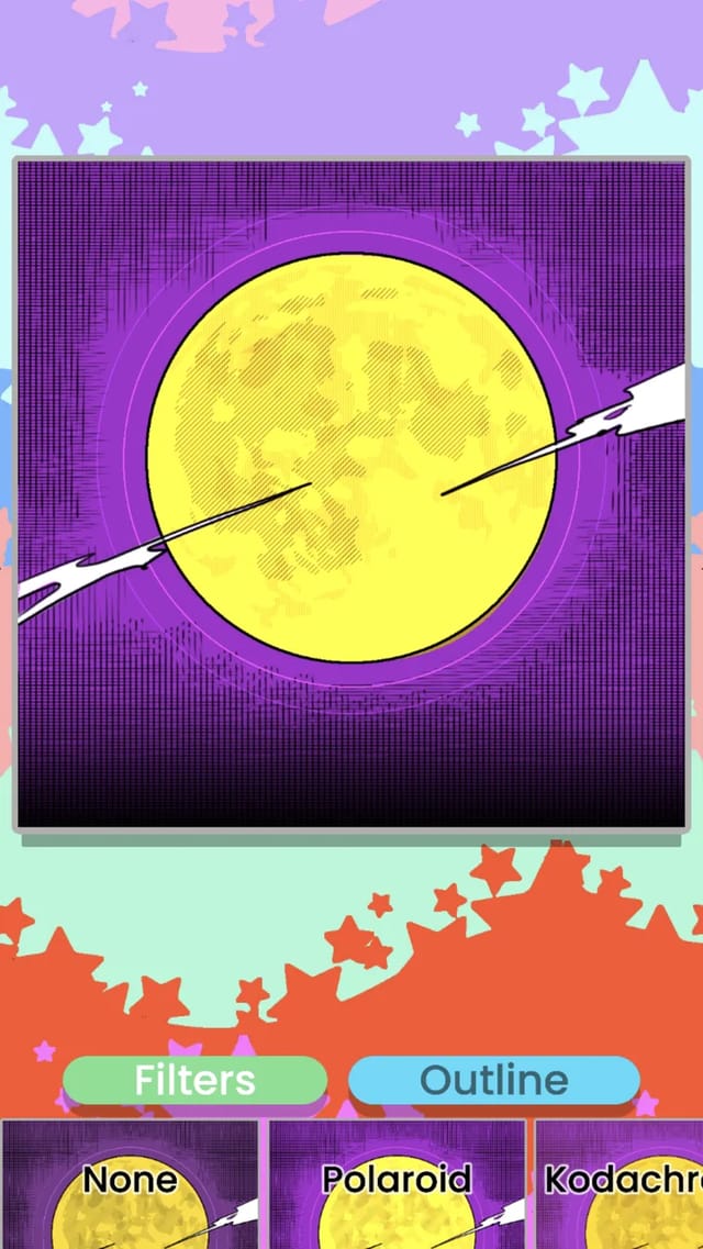 Color Paint finishing screen showing the colored moon picture with a download button and None, Polaroid, and Kodachrome filter thumbnails