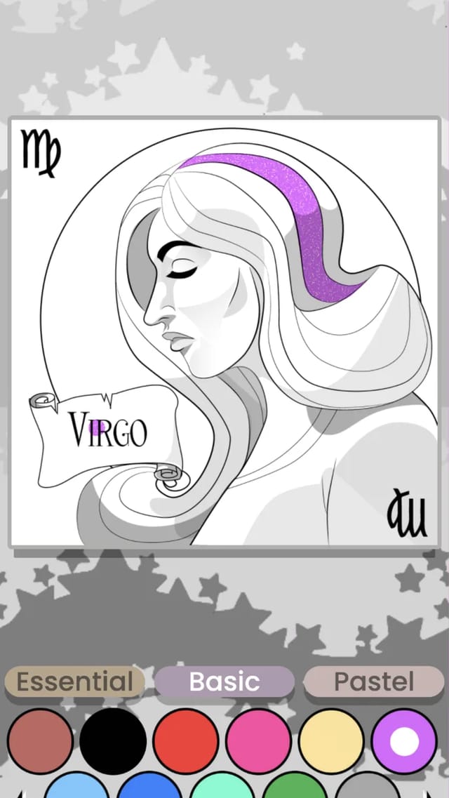 Color Paint editor showing a Virgo line-art portrait with one hair strand flood-filled in glitter purple, above the Essential, Basic, and Pastel palette tabs and color swatches