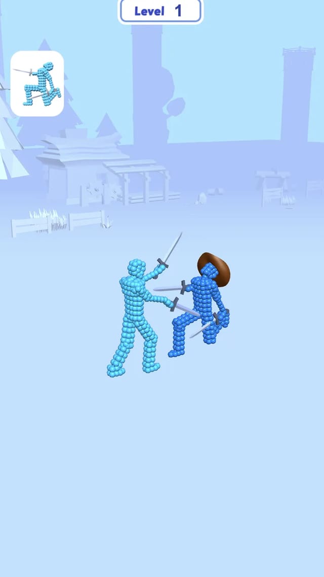 Crush Fight duel with two balloon-bead fighters crossing swords in a snowy arena