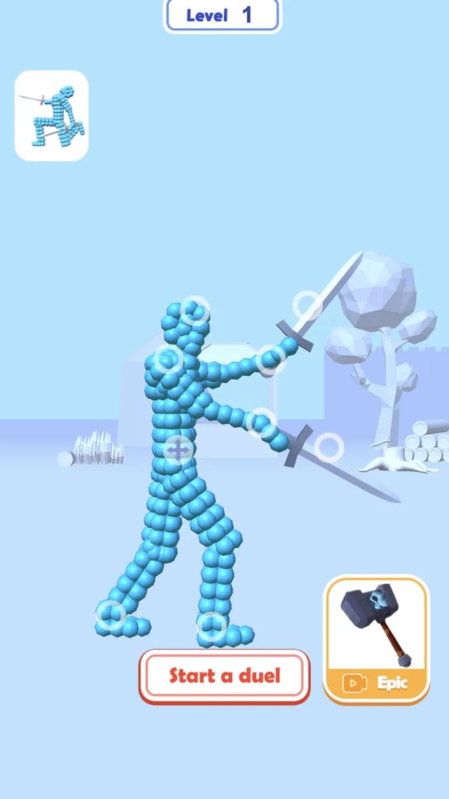 Crush Fight prep phase showing the balloon-bead fighter holding two swords with glowing joint handles above a Start a duel button