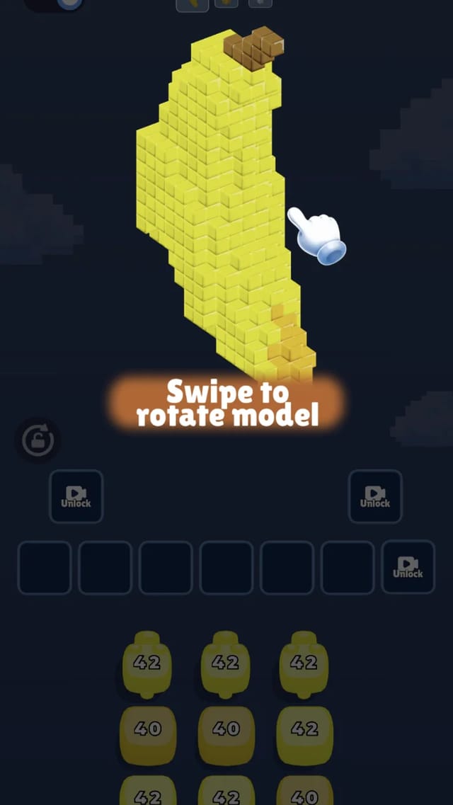 Cube Shoot Puzzle level 1 mid-clear, the docked turret having shot a visible bite out of the voxel banana while the queue slides forward showing 42 and 40 ammo counts