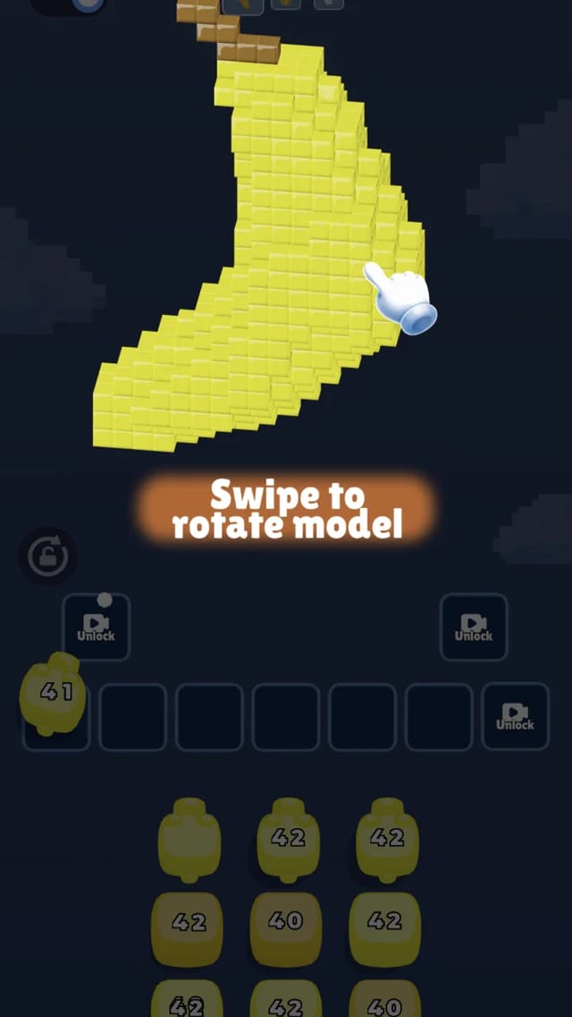 Cube Shoot Puzzle level 1 with the yellow voxel banana model, a tutorial hand prompting to swipe, one 41-ammo turret docked and the turret queue below