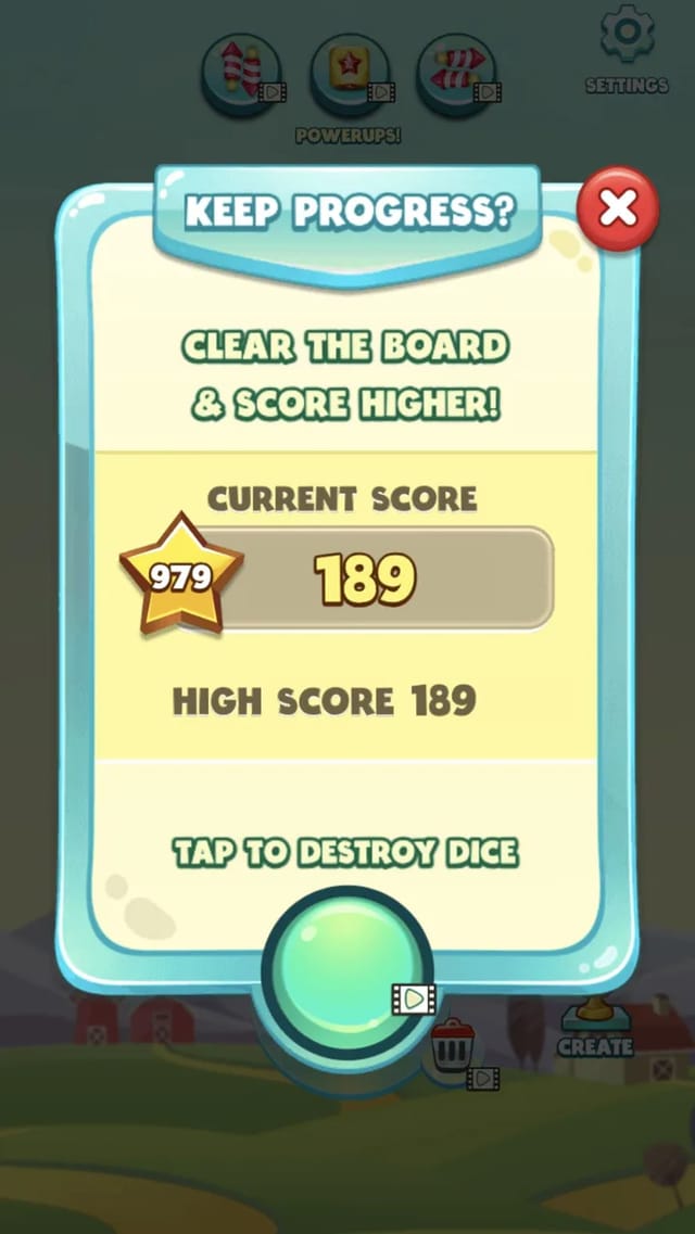 Dice Merge run-end panel showing a final score of 189, high score 189 and rank star 979