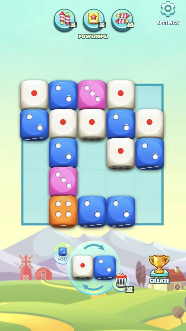 Dice Merge 5 by 5 board mid-run holding white one-pip, blue two-pip, pink three-pip and orange four-pip dice above the piece tray