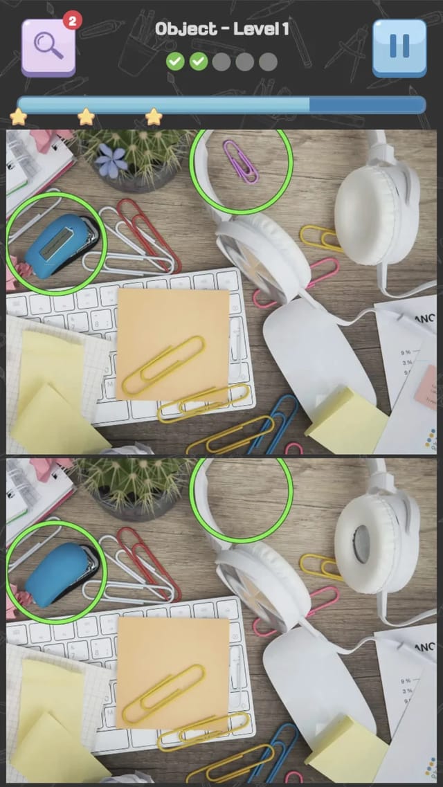 Level one of Difference Detective Quest showing two stacked pictures with green circles marking found differences and the countdown bar draining