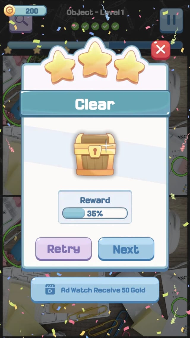 Three-star level clear screen in Difference Detective Quest with the coin reward and Retry and Next buttons