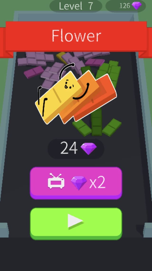 Domino Frenzy success screen naming the revealed Flower picture with a 24 gem reward above continue controls