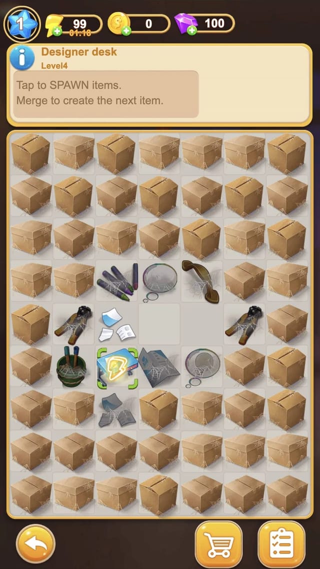 Dream Home Merge workshop board with the Designer desk generator selected, spawned notes, cobwebbed tools and boxed cells