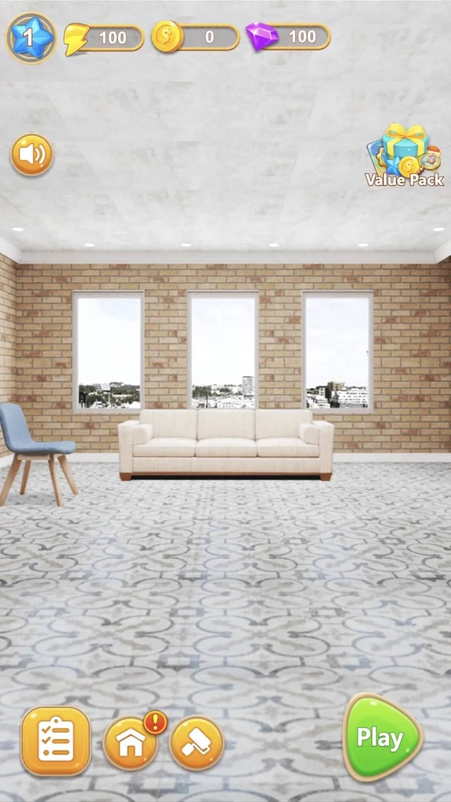 Dream Home Merge studio room furnished with a white sofa, city-view windows and the green Play button