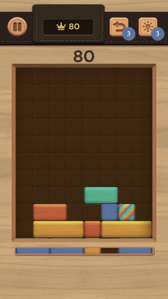 Falling Block eight-column well with a settled stack, a rainbow special block, score 80 and undo and hint buttons