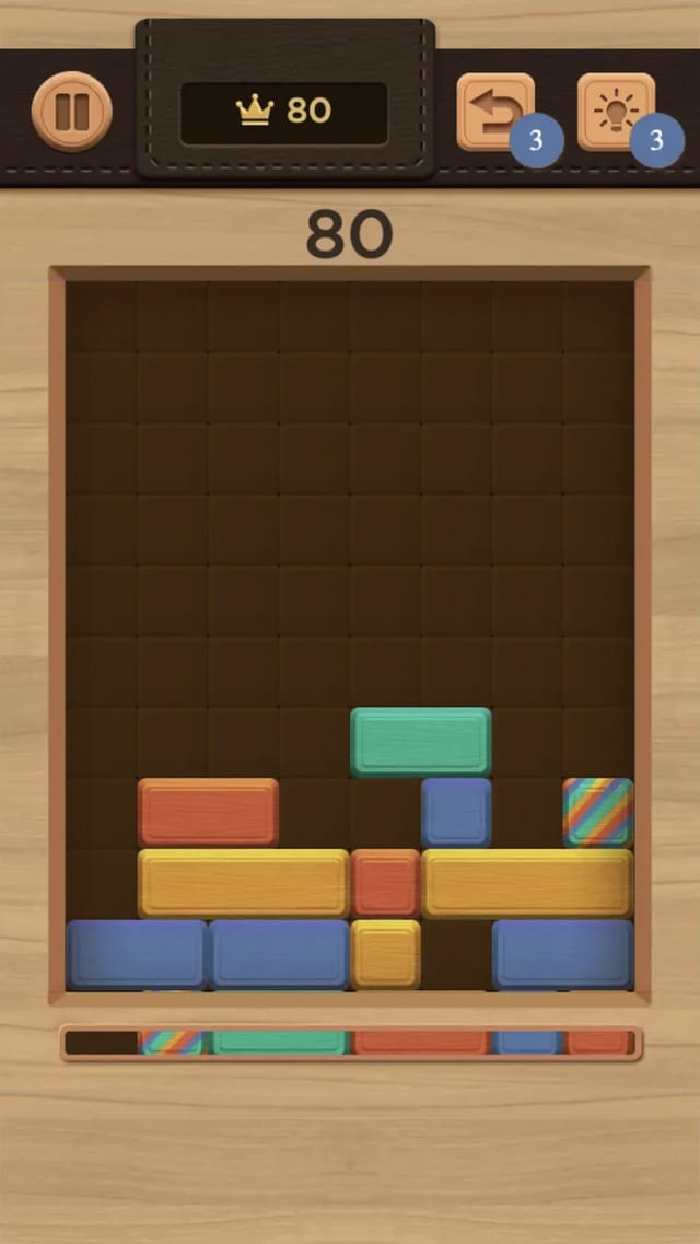 Falling Block well after a push-up, with five occupied rows and two rainbow special blocks in the stack