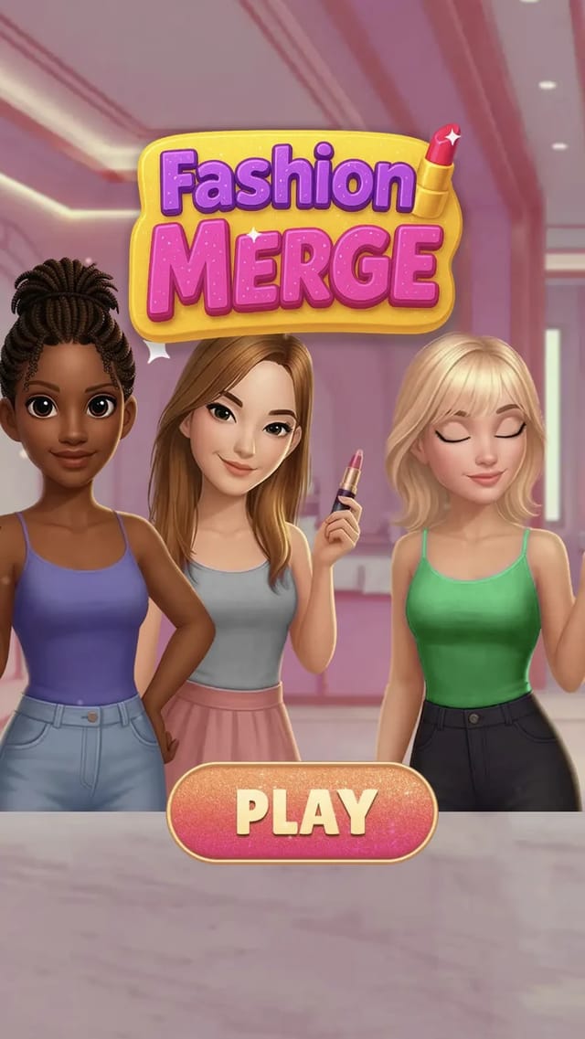 Fashion Merge title screen with three style characters, a boutique backdrop and a coral PLAY button