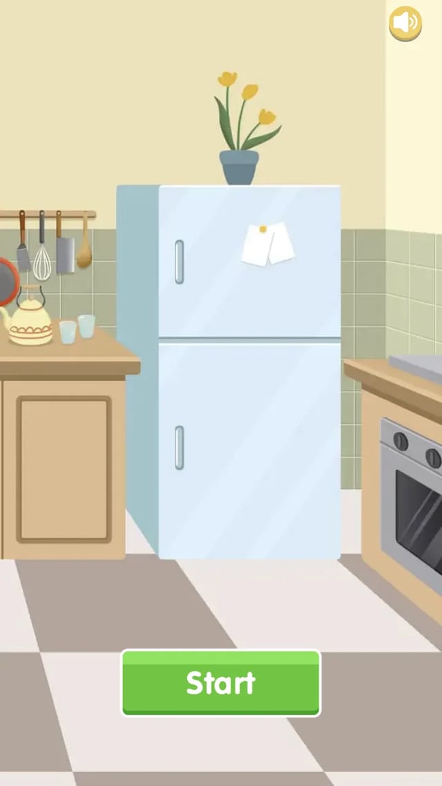 Fill The Fridge home screen showing a closed two-door fridge in a low-poly kitchen with a green Start button