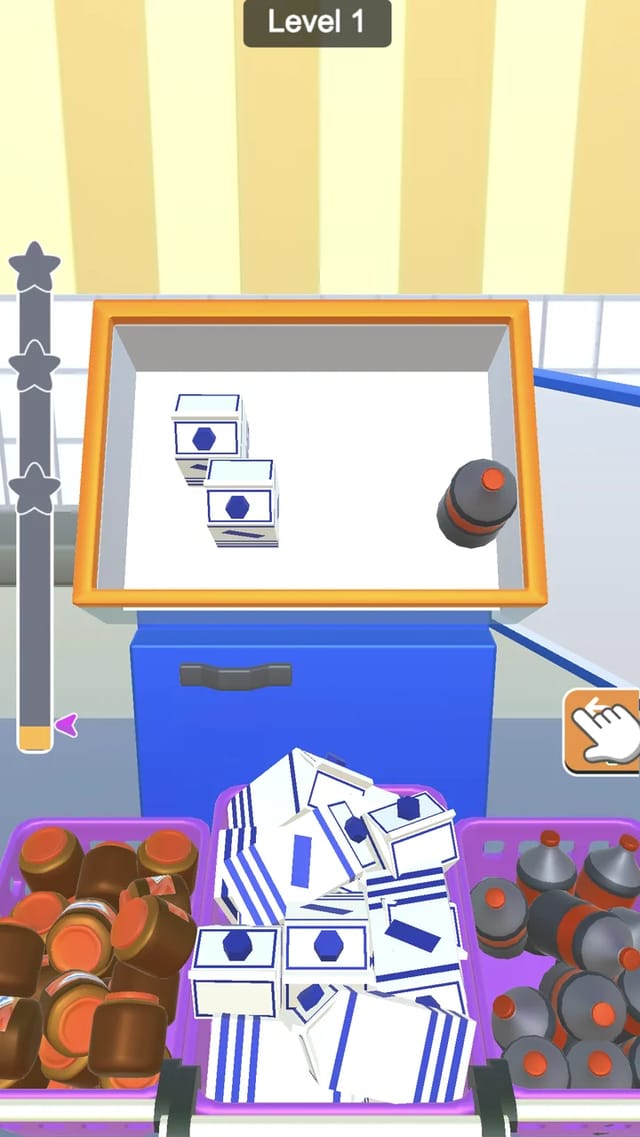 Fill The Fridge level one with the top compartment zoomed in, two drink cartons and a bottle placed on the shelf above baskets of groceries
