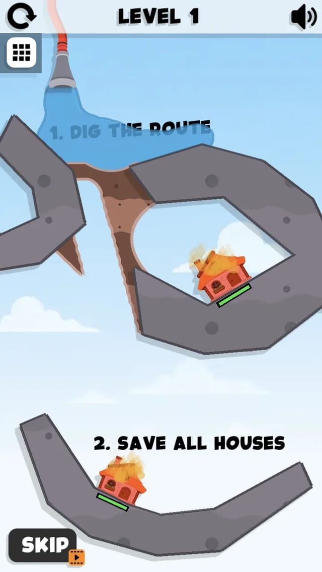 Firefighting level 1 tutorial with water pouring from a rooftop hydrant into a freshly dug channel between floating rock paths, while two burning houses wait below