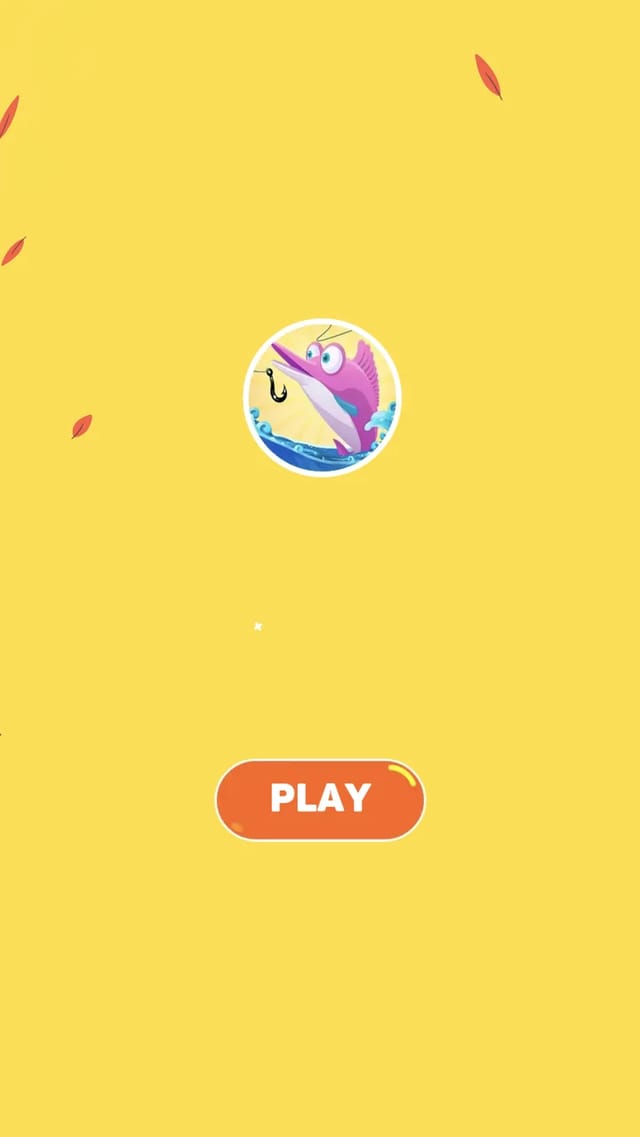 Fishing Life home screen with a pink swordfish logo on a yellow background above an orange PLAY button