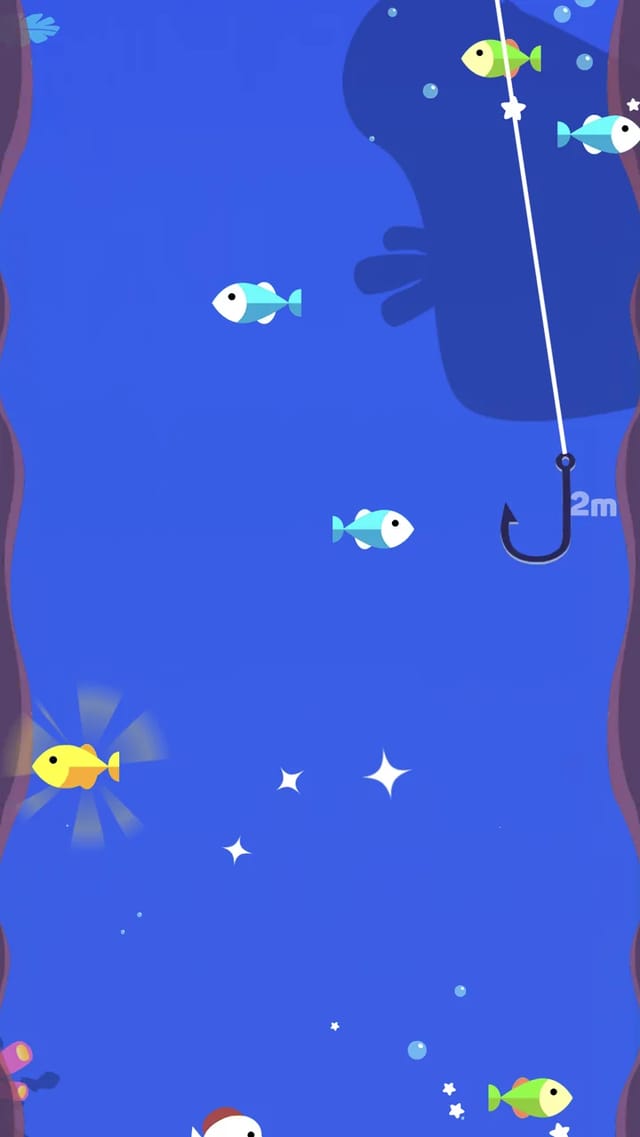Fishing Life underwater cast with the hook steered to the right at the two-metre depth marker among several cartoon fish