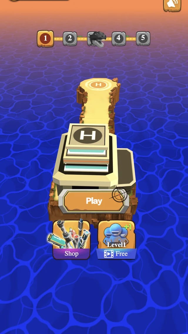 Gang Shooting Wars home screen with the island helipad, an orange Play button, and a level track from 1 to 5 with a dinosaur skull marker
