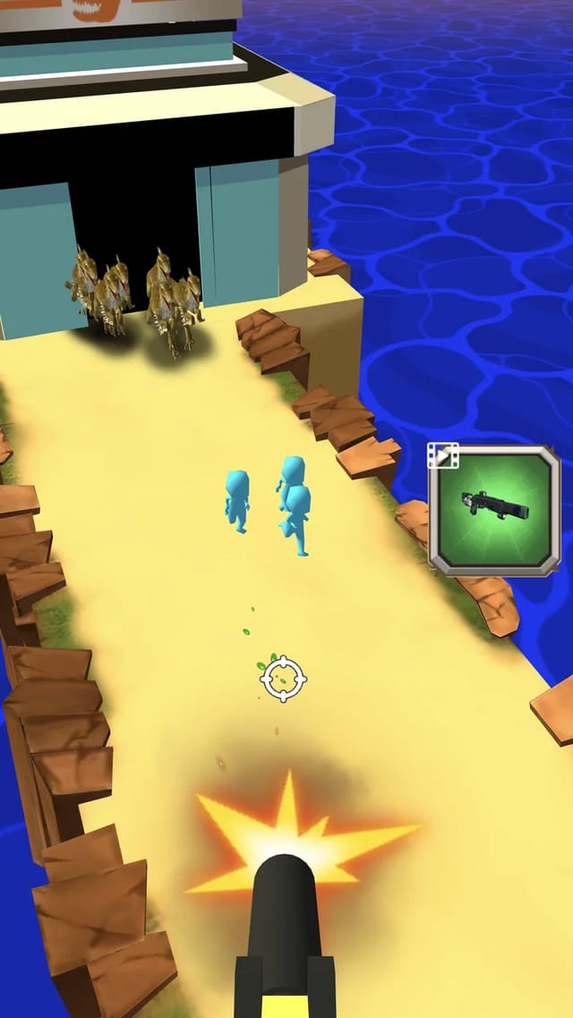 Gang Shooting Wars gameplay with the gun firing a bright muzzle flash as raptor packs burst from the lab to chase two fleeing survivors