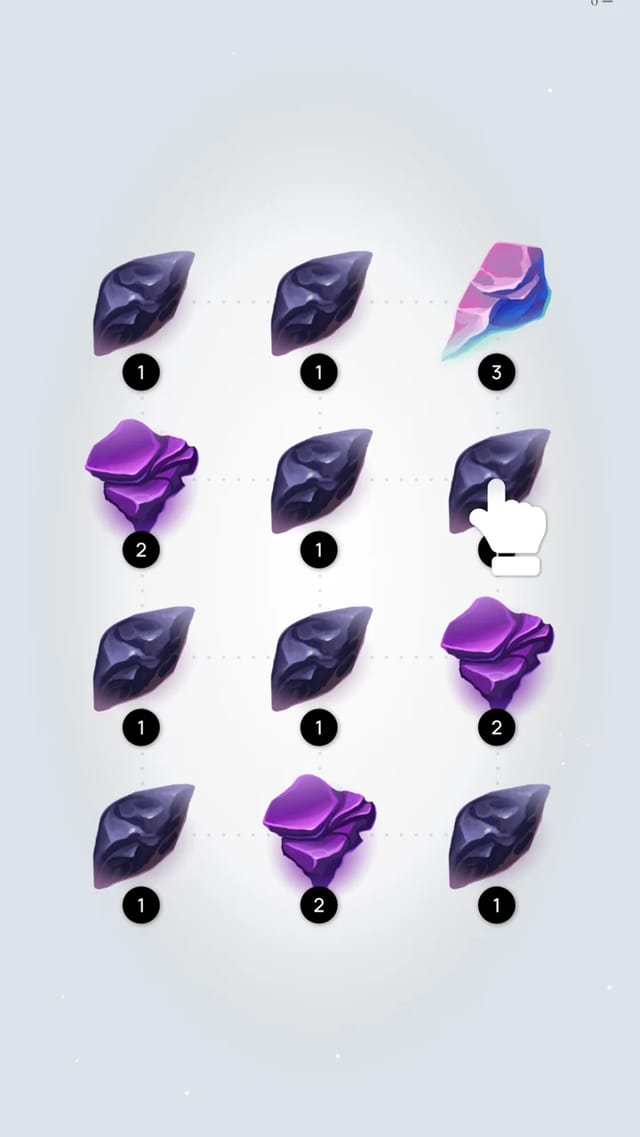 Gem 11 starting board on a 4 by 3 dotted grid with numbered gems and a white glove pointer marking a valid connection