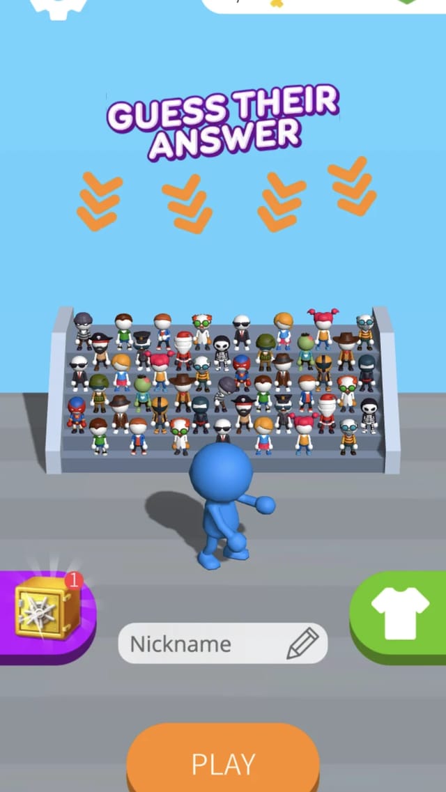 Guess Their Answer home screen with the game logo, a cartoon crowd in the stands, the blue avatar, a nickname field and the orange Play button