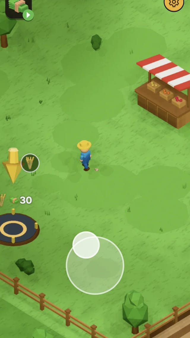 Harvest Land gameplay with the straw-hatted farmer mid-drag on the floating joystick, the red-and-white market stall at right and the 30-coin wheat field pad glowing at left