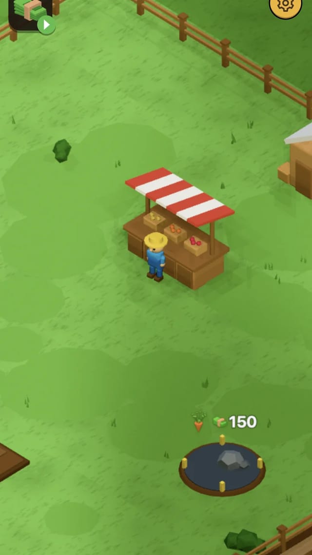 Harvest Land farmer standing at the market stall after selling wheat crates, the coin counter reading 29 and a 150-coin carrot field pad below