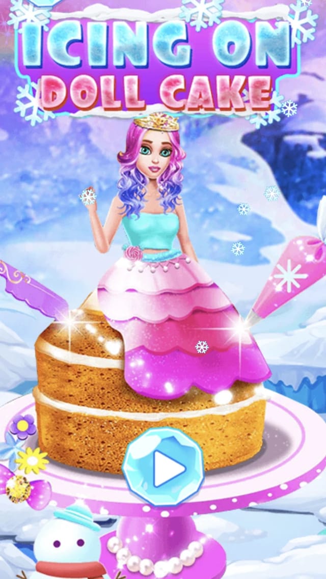 Icing On Doll Cake main screen showing the title logo, a doll standing on a two-layer cake, the play button, snowflakes and a snowman