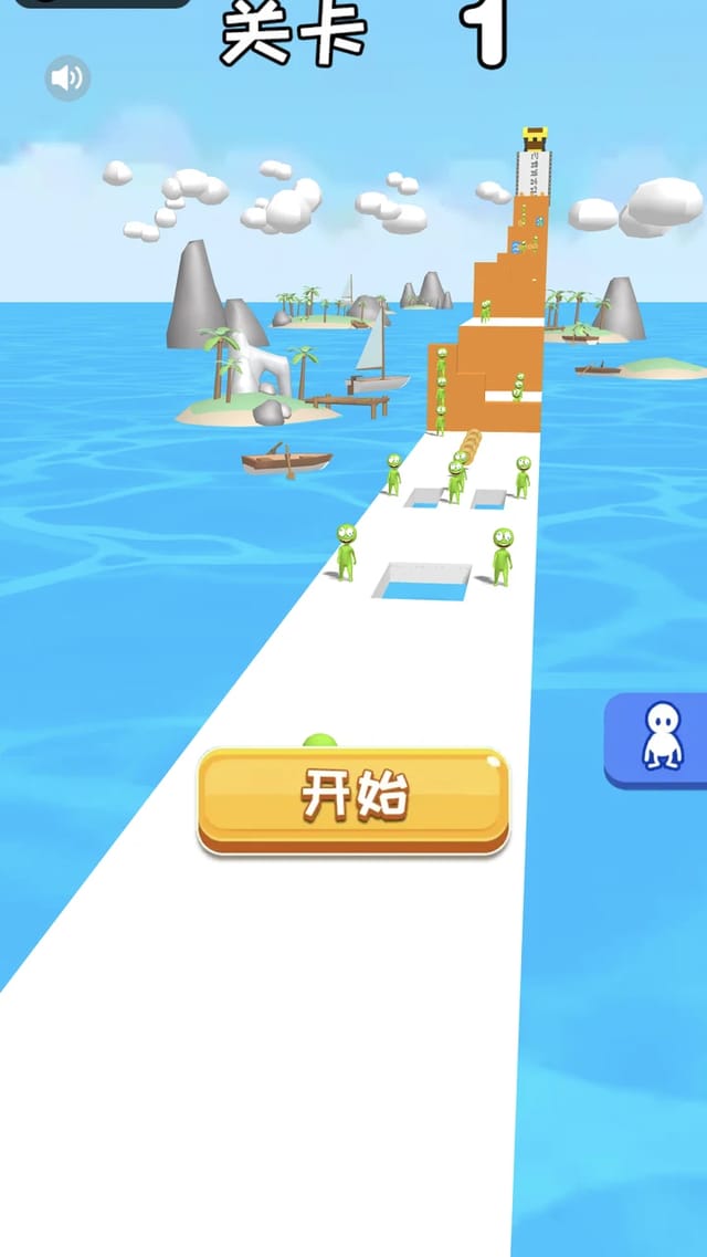 Join Scroll Run home screen showing the Level 1 banner, the yellow start button, green stickmen waiting on a white seaside runway and an orange stair-wall at the far end