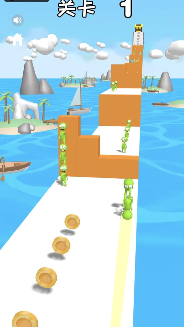 Join Scroll Run gameplay with a chain of six green stickmen stacked into a living ladder climbing an orange wall, coins scattered on the runway below and a second wall ahead