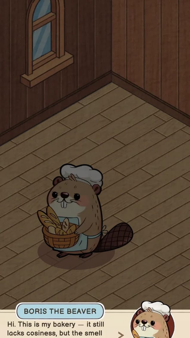 Juicy Cafe Match bakery scene: Boris the Beaver chatting beside his pastry counter while the star and coin counters show in the HUD