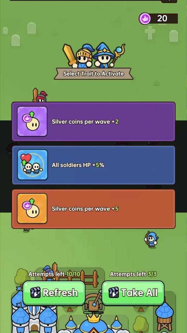 Kingdom Battle War trait draft between waves, offering silver coin bonuses and soldier health upgrades over the battlefield with the wave progress bar and blue castle below