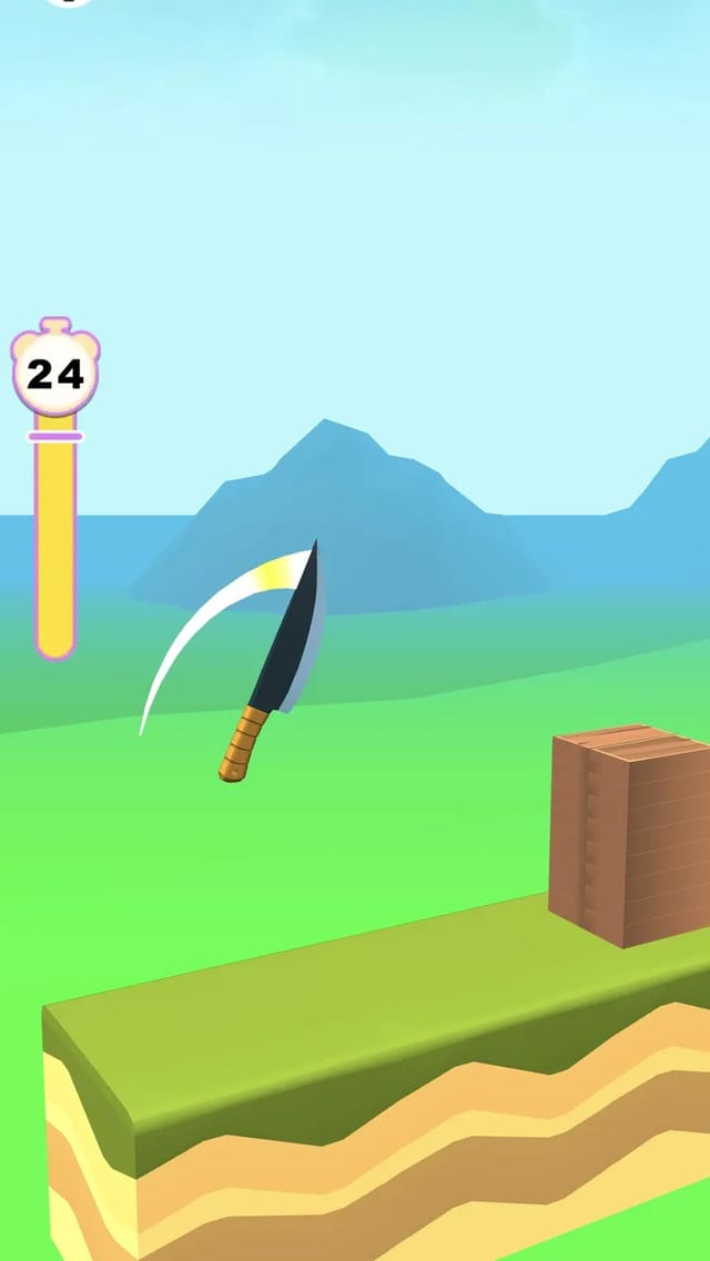 Knife Jump gameplay with the knife mid-somersault trailing a slash arc, the score bar at the top, a countdown gauge on the left and a wooden crate on the platform ahead
