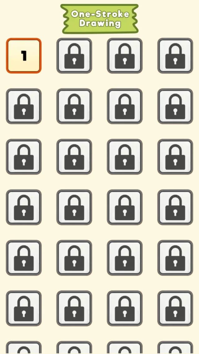 Line Draw Journey level select for the One-Stroke Drawing mode: a grid of numbered stage buttons showing the fifty-level ladder