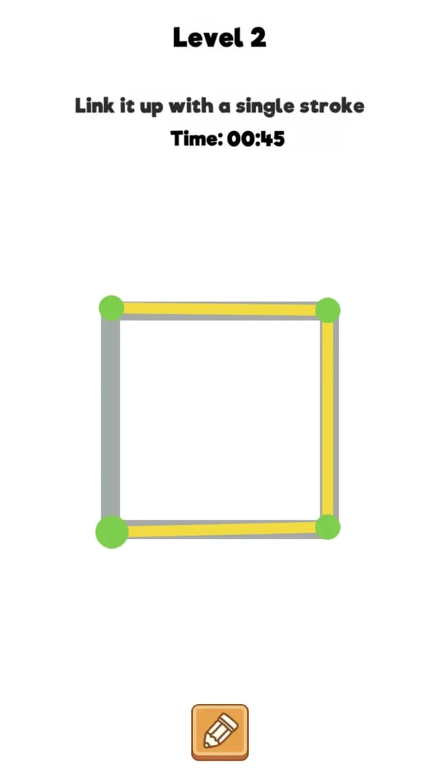 Line Draw Journey level 2 gameplay: a square board with three of its four edges traced in yellow, the remaining dots waiting for the stroke to continue