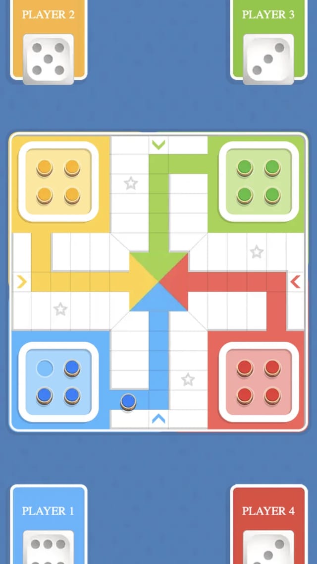 Ludo Legend board with the blue token moved out of its yard onto the start square, Player 1's dice showing six, star-marked squares on the track and four colored home columns