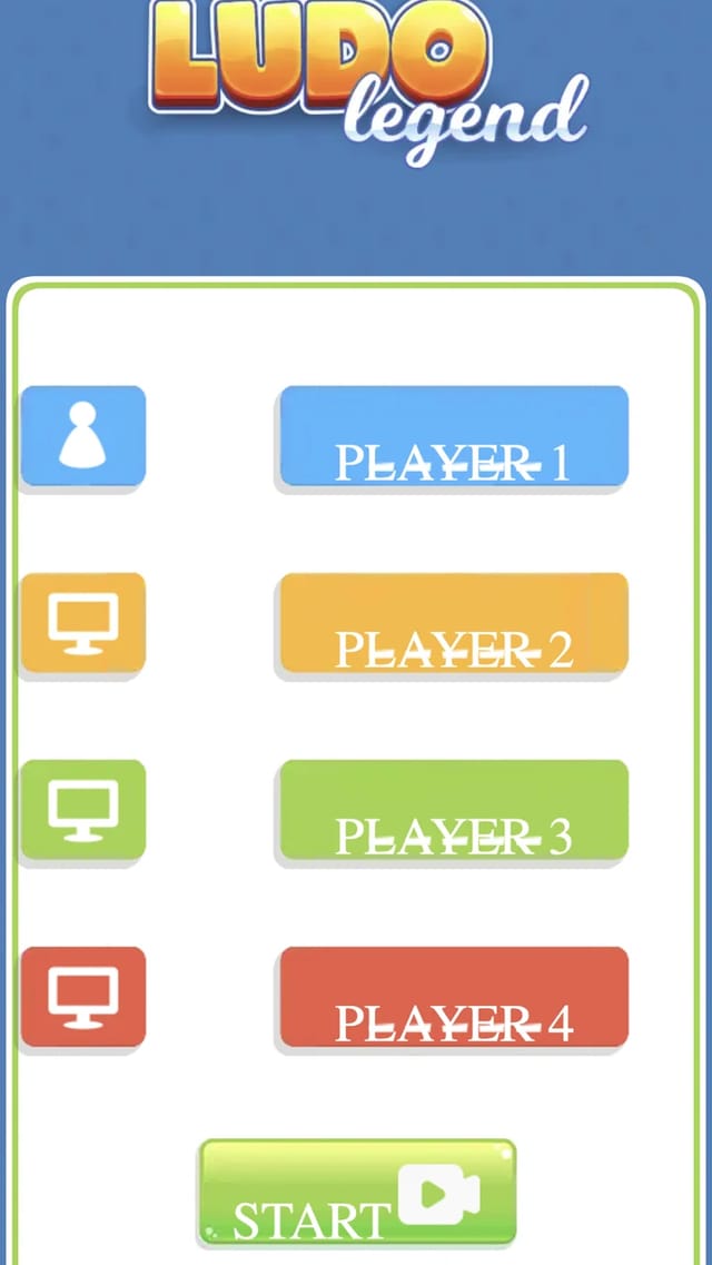 Ludo Legend player-setup screen showing four player slots with person and computer icons for Players 1 to 4, a green START button and a bottom bar with settings, play and info icons