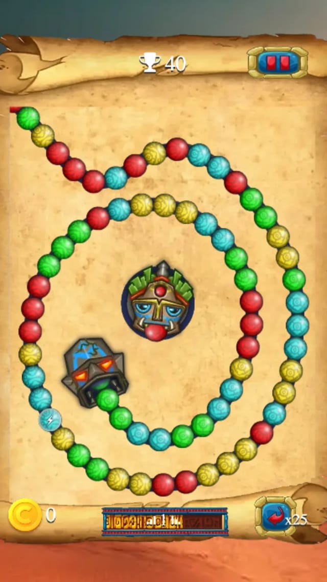 Marble Temple Journey level 1 gameplay: the spiral marble chain winding toward the totem cannon turret with the score at 40 on the HUD
