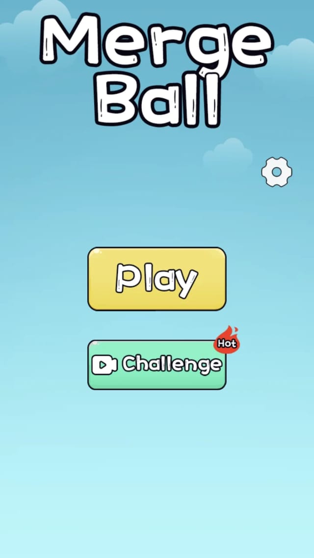Merge Ball main menu with the game title, a yellow Play button, and a settings gear on a cloudy sky-blue background